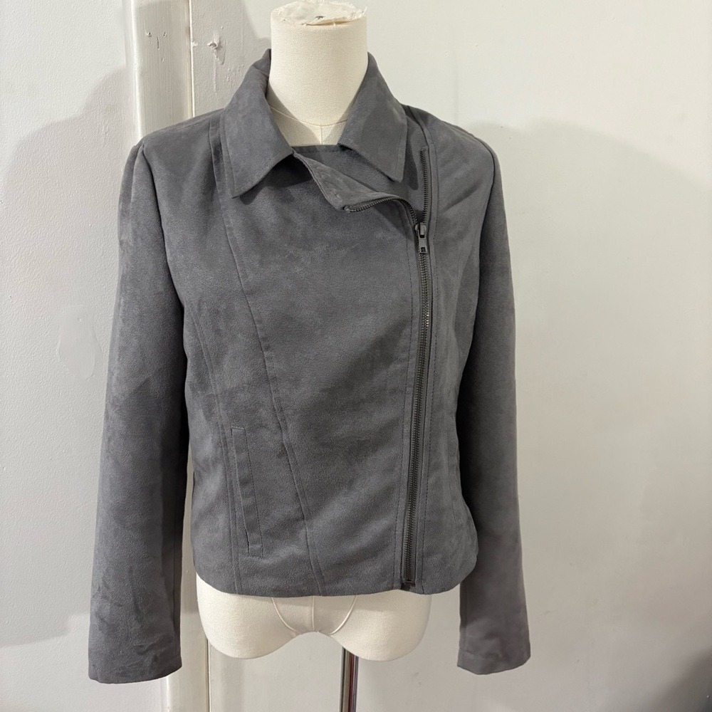 Jack BB Dakota Faux Suede Gray Jacket Asymmetrical Zip Size S Collar‎